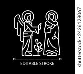 Annunciation white linear icon for dark theme. Virgin Mary with Angel Gabriel. Mary becomes mother of Jesus Christ. Isolated vector illustration. Simple filled line drawing. Editable stroke