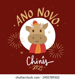 Ano Novo Chinês 2021. Año Nuevo Chino 2021. Caligrafía portuguesa brasileña de letras de mano para vacaciones chinas con dibujo a mano de buey. Vector.