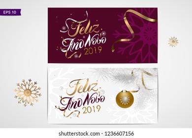  Ano Novo - Happy New Year in Portuguese language. Modern calligraphy luxury design. Christmas Vector Card.