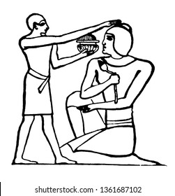 Anointing a guest was a ritual act of pouring an oil over the head, vintage line drawing or engraving illustration.