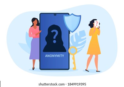 Anonymity abstract concept, female character hiding behind huge smartphone with anonymous unrecognizable profile, person with pack with question mark on head. Flat cartoon vector illustration