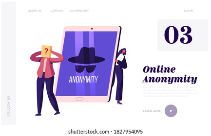 Anonymity Landing Page Template. Tiny Female Character at Huge Tablet Pc Device with Anonymous Unrecognizable Profile, Person with Pack with Question Mark on Head. Cartoon People Vector Illustration