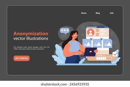 Anonymization concept. A focused woman works on her laptop, using software to protect identity and personal data. She ensures privacy by erasing facial features and details. Flat vector illustration.