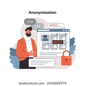 Anonymization concept. Man oversees digital images ready for deletion, emphasizing data privacy and protection methods. Ensuring user's online identity remains undisclosed. Flat vector illustration