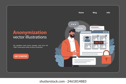 Anonymization concept. Man oversees digital images ready for deletion, emphasizing data privacy and protection methods. Ensuring user's online identity remains undisclosed. Flat vector illustration