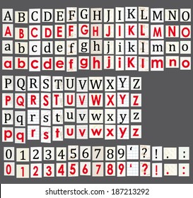 Anonymous alphabet and numbers. Letters cut from newspapers isolated on grey background. Vector set.