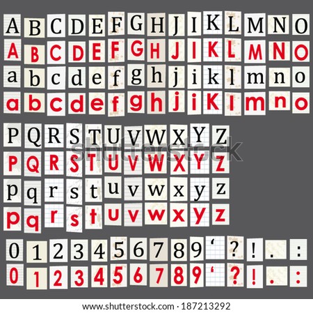 Anonymous alphabet and numbers. Letters cut from newspapers isolated on grey background. Vector set.