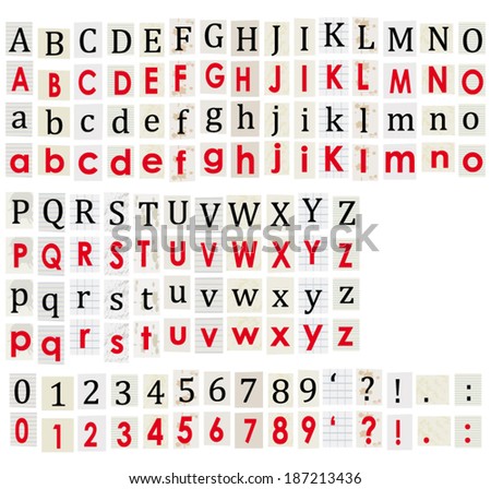 Anonymous alphabet and numbers. Letters cut from newspapers isolated on white background. Vector set.