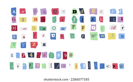 Anonymous alphabet. Old retro lowercase and uppercase alphabet. Colored vintage type characters, retro cutout mixed characters for collage. Vector set of paper anonymous letter illustration
