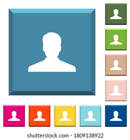 Iconos blancos de avatar anónimos en botones cuadrados de borde en varios colores de moda