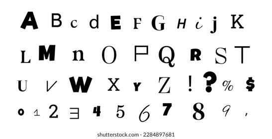 Anonymous BLACK letters cut out of magazines. Carved alphabet in y2k style. Social networks, web design, poster, banner, greeting card. Cute vector illustration isolated on a white background