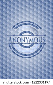 Anonymous blue emblem or badge with abstract geometric pattern background.