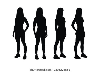 Anonymous bodybuilders and female gymnasts standing in different positions. Female gymnast and bodybuilder silhouette set on a white background. Woman bodybuilder silhouette with muscular bodies.