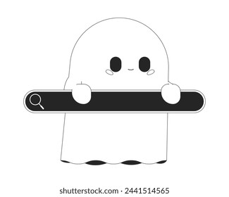 Anonymous browsing web 2D linear illustration concept. Little ghost holding browser text bar cartoon personage isolated on white. Internet halloween design metaphor monochrome vector art