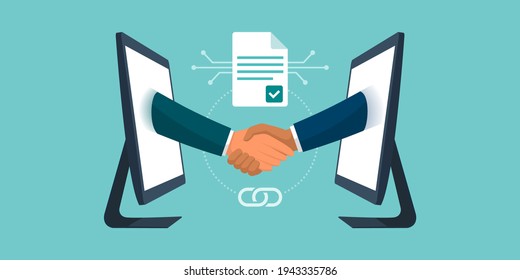 Anonymous business people accepting and executing a smart contract, they are connecting and shaking hands