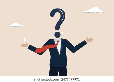 Anonymous businessman person, uncertainty, important person concept, who is this man, anonymous businessman with question mark head unknown person.