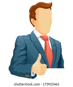 Anonymous businessman shows the thumb up. Unknown businessman praises something. Vector illustration. 