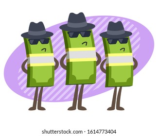 Anonymous cash payment. Money characters in the form of spies, secret agents or criminals. Vector Illustration.