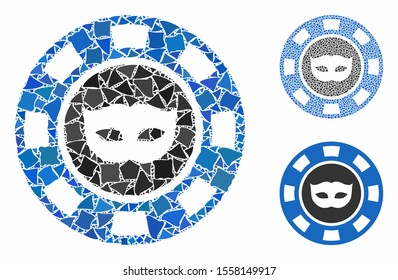 Anonymous casino chip mosaic of irregular elements in various sizes and color tints, based on anonymous casino chip icon. Vector rugged elements are grouped into collage.