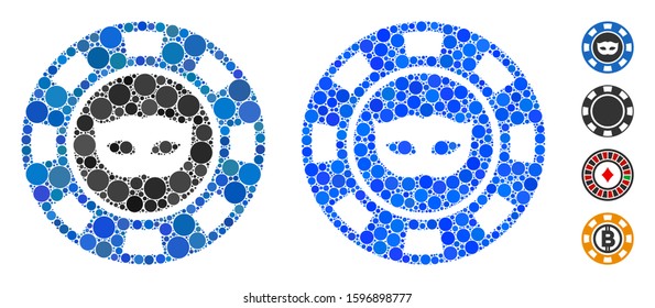 Anonymous casino chip mosaic of small circles in different sizes and color hues, based on anonymous casino chip icon. Vector filled circles are united into blue mosaic.