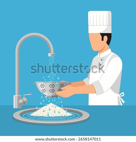 Anonymous chef in white uniform is washing rice using colander under a running tap with water droplets on blue background, suitable for food preparation and culinary arts marketing.