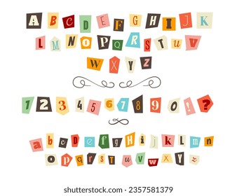 Anonymous clippings font color criminal alphabet letters cut from newspapers and magazines set. Creative English abc and number for blackmail message and secrete communication vector illustration