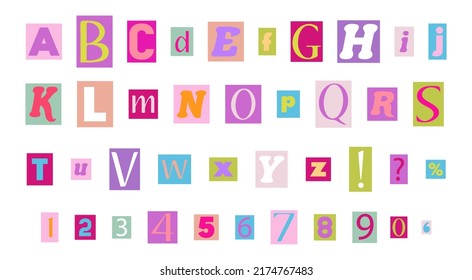 Anonymous colorful letters cut from magazines. Clipping alphabet in y2k style. Social media, web design, Poster, banner, greeting card. Cute vector illustration isolated on white background