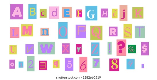 Anonymous colorful letters cut out of magazines. Carved alphabet in y2k style. Social networks, web design, poster, banner, greeting card. Cute vector illustration isolated on a white background