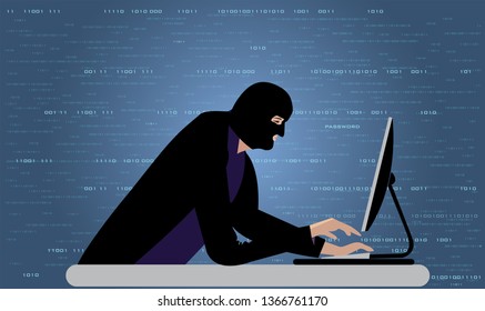 Anonymous computer hacker in black mask sits by computer
