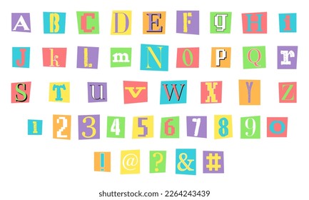 Anonymous criminal letters, numbers and punctuation cut from magazines. Clipping alphabet in trendy 90s, 00s psychedelic style. Y2K aesthetic.