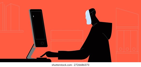 Cibercriminosos anônimos manipulando vítimas através de mensagens falsas, esquemas de phishing e engano digital. Símbolo de fraudes on-line, roubo de identidade e fraude financeira no mundo digital moderno.