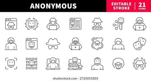 Conjunto de ícones de linha editável anônimo. símbolos de privacidade e hacker