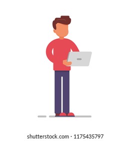 anonymous employee with laptop computer sending email or working online. vector illustration isolated on white background. 