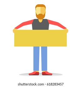 Anonymous faceless striking man with beard holding empty yellow banne