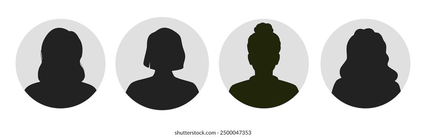 Avatares femeninos anónimos. Retratos de personas desconocidas. Mujer. Círculo gris de silueta negra. Ilustración vectorial. Todos los objetos están aislados