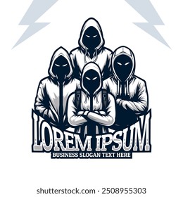 Anonym Vier Mann Maskottchen-Logo, Hoodie geheimnisvolle esport gamer Maskottchen-Illustration, Anonymer Hacker