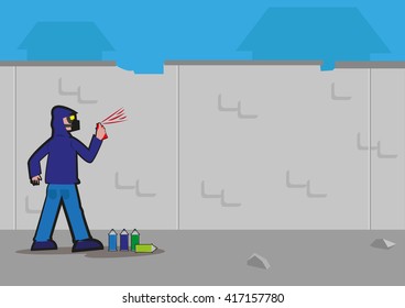 Anonymous Graffiti artist sprays unto an urban decaying wall. Editable Clip Art.