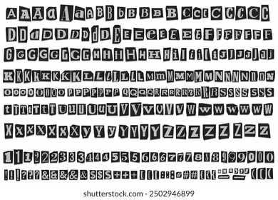 Anonymous gray and black Paper Cut out ransom vector letters alphabet. Blackmail Ransom Kidnapper Note Font English Letters, Numbers, punctuation marks. Collage trendy style criminal Detective letters