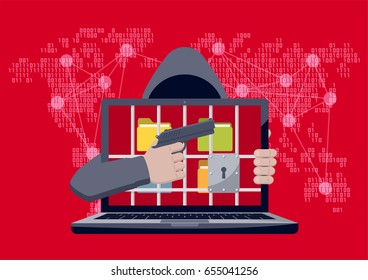 Anonymous hacker with hood pointing gun at locked laptop, with folders behind jail bars, as ransomware hostage on red binary code map background