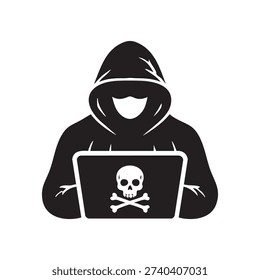 Anonymous hacker icon vector illustration featuring a clean, minimalist design of a masked figure in a hoodie. Bold black silhouette style representing cybersecurity, hacking, digital privacy, online anonymity, technology threats, and internet security. Ideal for tech blogs, cybersecurity websites, digital security apps, presentations, infographics, and digital or print projects. High-quality scalable vector suitable for both print and digital use.