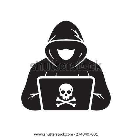 Anonymous hacker icon vector illustration featuring a clean, minimalist design of a masked figure in a hoodie. Bold black silhouette style representing cybersecurity, hacking, digital privacy, online anonymity, technology threats, and internet security. Ideal for tech blogs, cybersecurity websites, digital security apps, presentations, infographics, and digital or print projects. High-quality scalable vector suitable for both print and digital use.