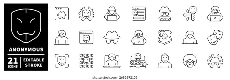 Anonyme und Hacker-Symbole gesetzt. editierbare Zeilensymbole für Cybersicherheit und Datenschutz