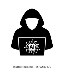 Hacker anônimo com laptop e ícone chip AI. Uso de inteligência artificial é anônimo