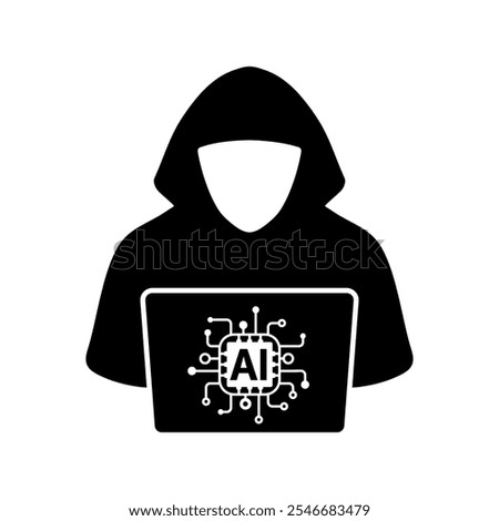 Anonymous hacker with laptop and AI chip icon. Use of artificial intelligence is anonymous