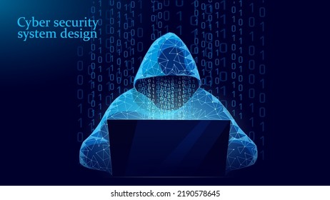 Anonymous hacker at the laptop computer Internet security. Cyber attack business concept low poly. Server polygonal point line design vector illustration