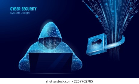 Anonymous hacker at the laptop computer Internet security. Cyber attack business concept low poly. Server polygonal point line design vector illustration