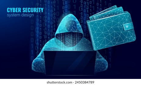 Hackeador anónimo en la computadora portátil de seguridad de Internet. Ciberataque concepto de negocio bajo poli. Ilustración vectorial de diseño de línea de punto poligonal de servidor