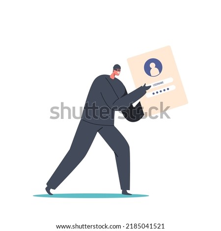 Anonymous Hacker or Robber Holding Huge Stolen Password and Username Information, Cyber Criminal Steal Private Personal Data, Credentials, Documents. Cartoon People Vector Illustration