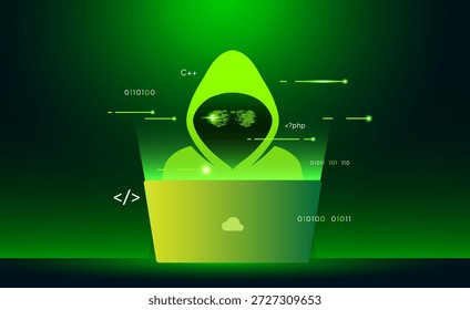 Silueta de hacker anónimo en un entorno digital verde con símbolos de programación C++ y PHP. Profesional visual para el desarrollo de software, seguridad, ciberamenazas y conocimientos de codificación. Codificación de hackers con código binario y lenguajes de programación