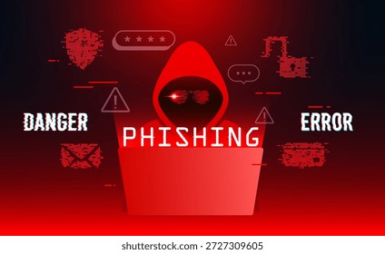 Silueta de hacker anónimo en un entorno digital rojo ejecutando un ataque de phishing. Profesional visual para el peligro de ciberdelitos, alertas de errores del sistema, violación de datos y conciencia de seguridad de la red.